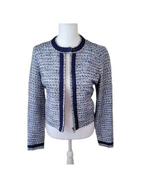 Lucky Brand Tweed Jacket Blue/White Zippered Dressy Cropped Women's Size XS